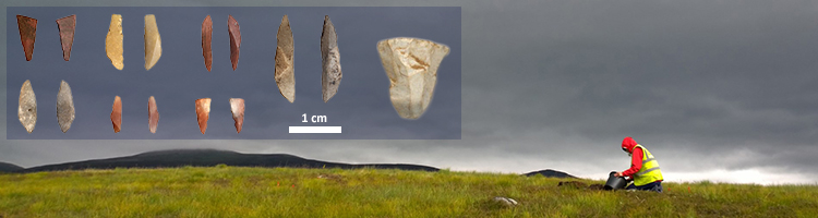 A student excavating in a field, with images of flints.