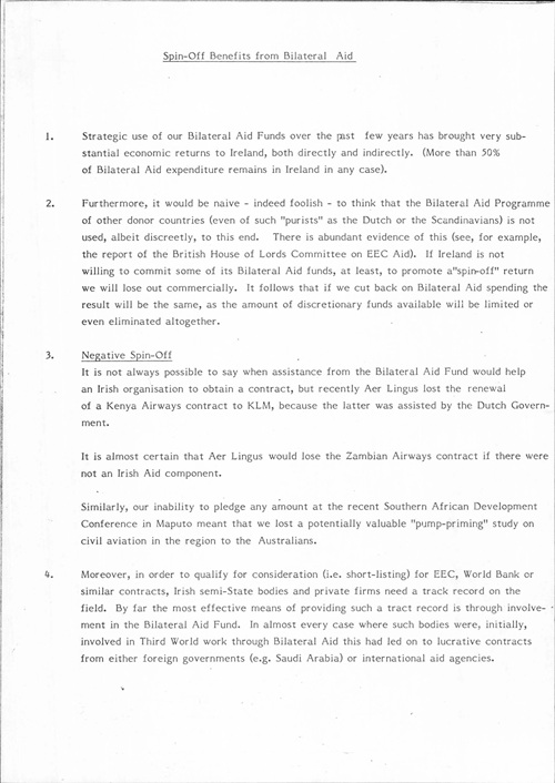 Page 1 of Department of Foreign Affairs memo on the development aid