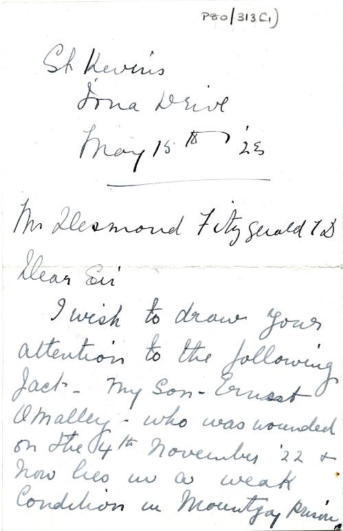 Letter from Mrs Marion K. O’Malley to Desmond Fitzgerald page 1