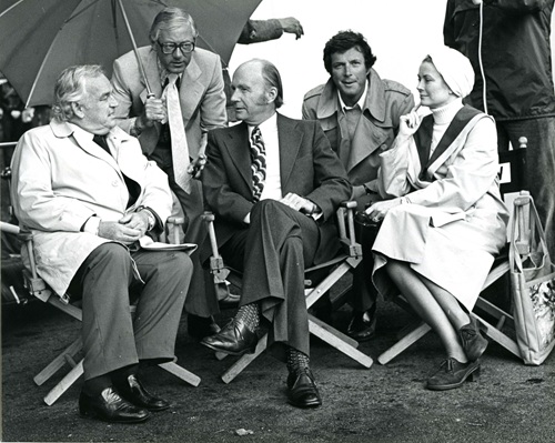 Black and white photoograph featuring  L-R Prince Rainier of Monaco, Sheamus Smith (Managing Director of Ardmore Studios), President Patrick Hillery, Michael Crichton (author and director), Princess Grace of Monaco.