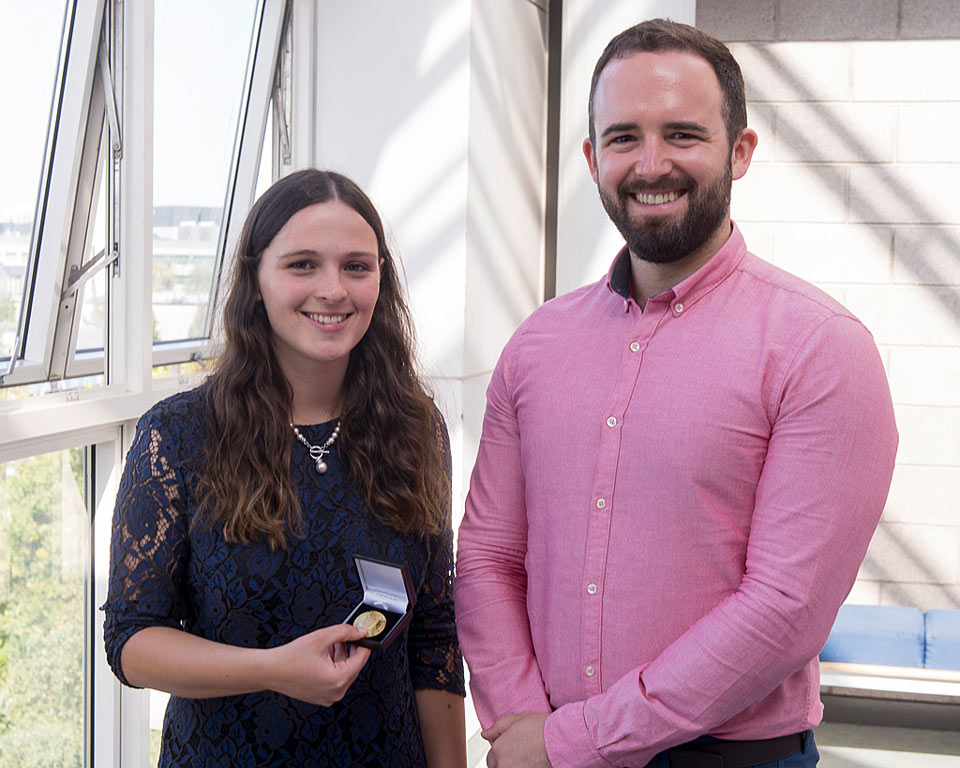 Niamh MacPherson, BE 2018, winner of the SK Biotek EGA Gold Medal in Chemical & Bioprocess Engineering, with Brian Hale, R&D Engineering Team Lead, SK Biotek