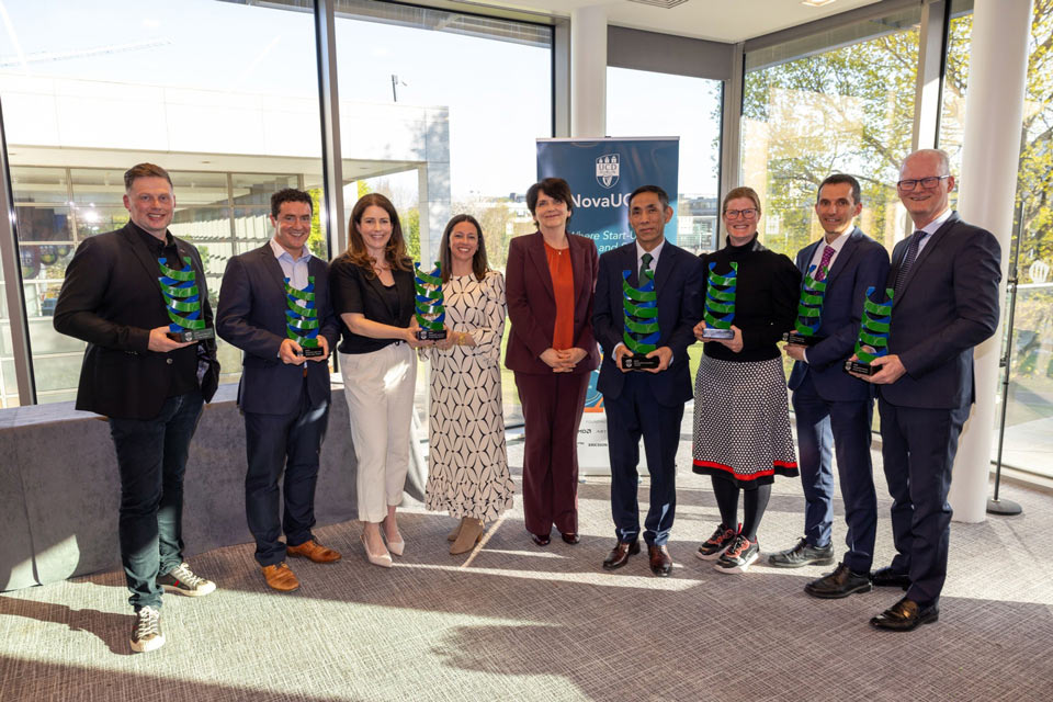 Prof. Kate Robson Brown, UCD Vice-President for Research, Innovation and Impact; Mike McGearty, Dr Cormac Farrelly; Dr Emer Doheny; Dr Jayne Carberry; Prof. Orla Feely, President, UCD; Prof. Wenxin Wang; Dr Siobhan Mullan; Prof. Kevin O'Connor; Prof. Peter Kennedy and Dr Ciaran O'Beirne, Head, Knowledge Transfer Services, NovaUCD.