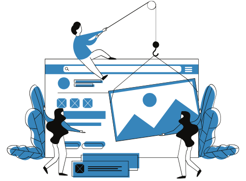 drawing of three people building a website page