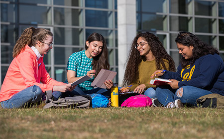 Four students sit on the lawn surrounded by books and bags.