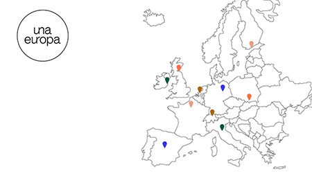 An outlines map of Europe with coloured location pins.