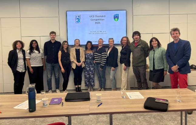 UCD Graduate Studies ThesisIn3 Competition 2025 picture of all participants, member of judging panel, Dean of Graduate Studies and MC