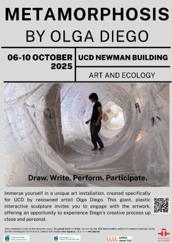 This site-specific giant plastic sculpture has been commissioned as part of the project &lsquo;Imagined Sustainabilities&rsquo; and specially designed to give visibility to the pressing issue of plastic pollution and provide students, faculty staff, UCD workers and visitors with a performative-educational space for reflection and free expression. | UCD Newman Building, Ground floor | Click the arrow for further details