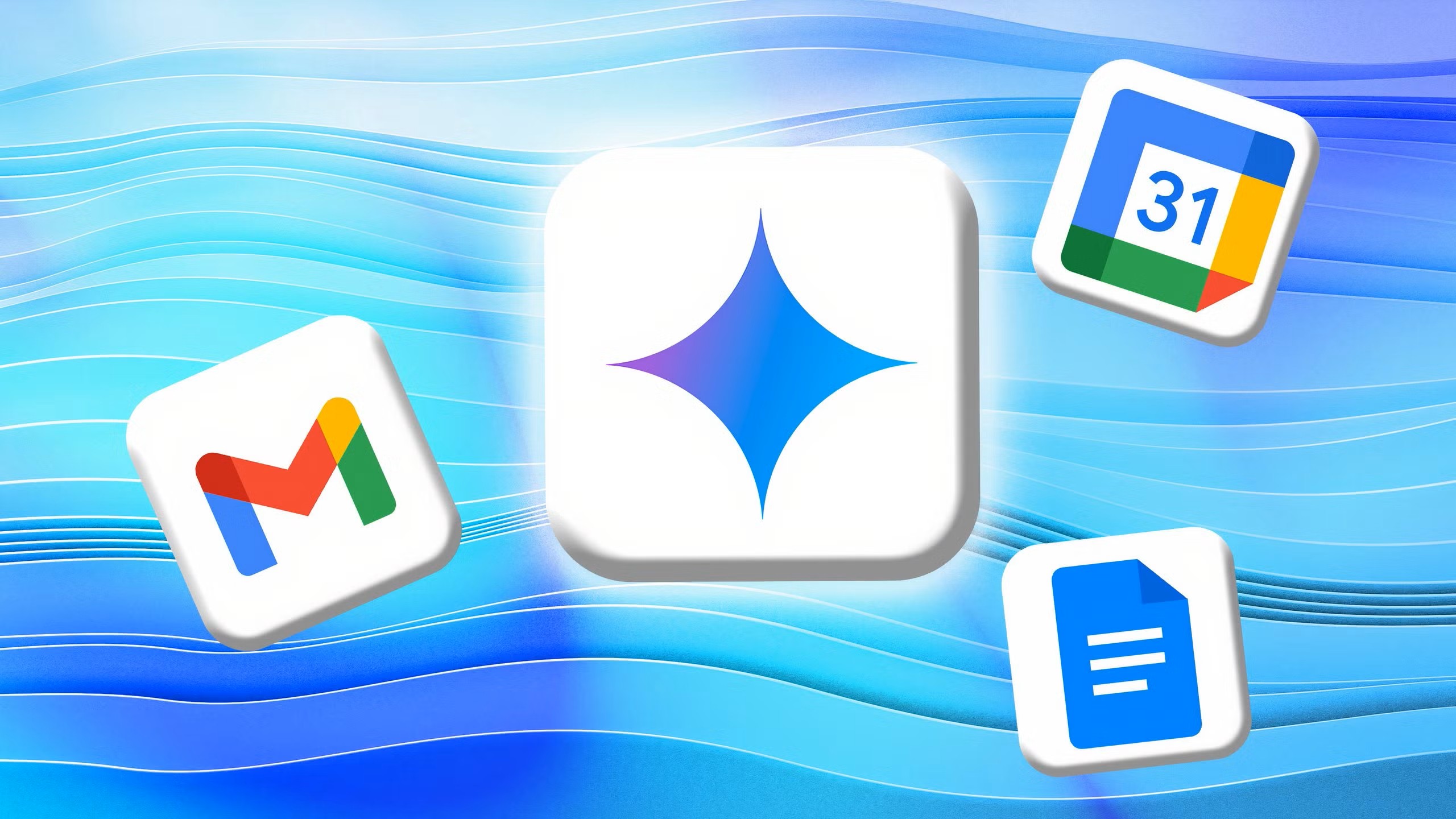 Google Workspace icons on a blue background with the Gemini icon larger and in ther middle