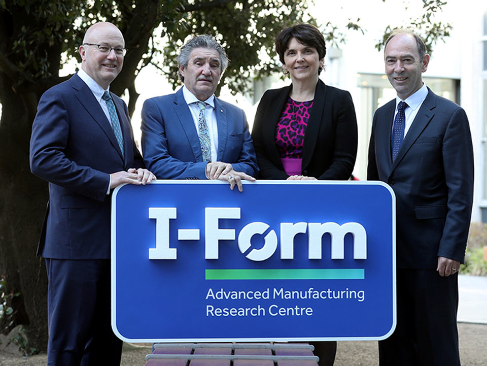 Minister for Innovation, Research and Development John Halligan pictured with [l-r] Prof Mark Ferguson, SFI Director General, Prof Orla Feely, VP for Research at UCD, and Prof Denis Dowling, I-Form Centre Director
