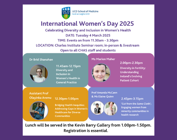 Flyer for International Women's Day, list of speakers, images of speakers