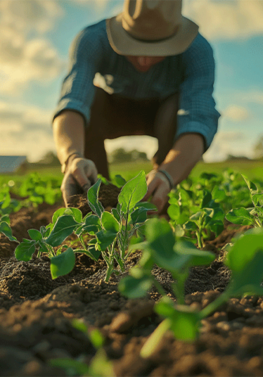 Farmer tending crops in a field with solar panels and wind turbines, sustainable agriculture and renewable energy concept, modern farming practices in scenic rural landscape.