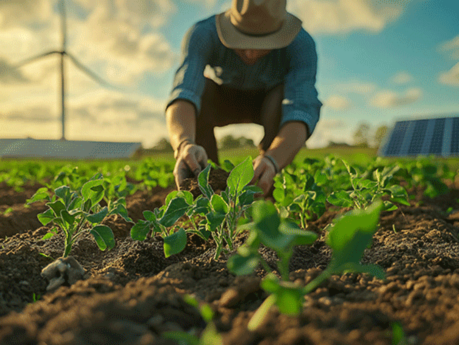 Farmer tending crops in a field with solar panels and wind turbines, sustainable agriculture and renewable energy concept, modern farming practices in scenic rural landscape.