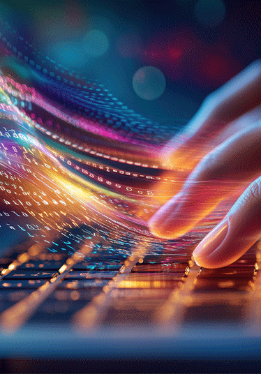 A hand is typing on a laptop keyboard with colorful lines and numbers. Concept of creativity and innovation, as the hand is using the keyboard to input data or code.