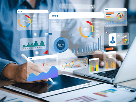 An analyst uses a computer and dashboard for data business analysis and Data Management System with KPI and metrics connected to the database for technology finance, operations, sales, marketing.