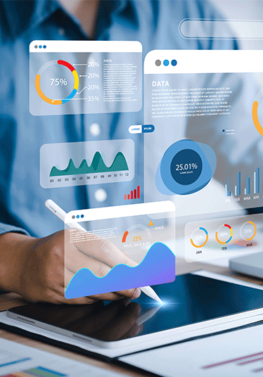 An analyst uses a computer and dashboard for data business analysis and Data Management System with KPI and metrics connected to the database for technology finance, operations, sales, marketing.