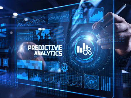 Predictive analytics. Businessman pressing button on screen.