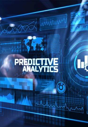 Predictive analytics. Businessman pressing button on screen.