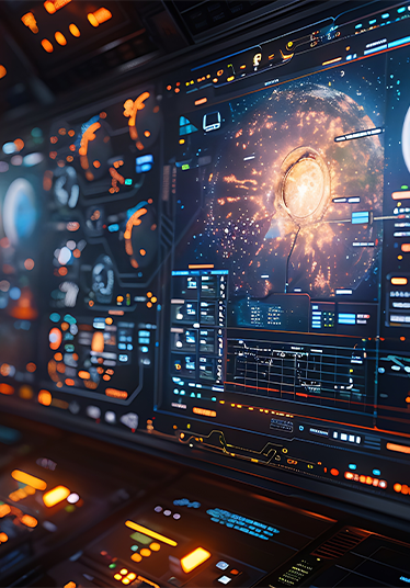 Close-up of a monitor in a space agency control room showing dynamic maps of satellite paths and planetary exploration data, rendered hyperrealistically with vibrant colors