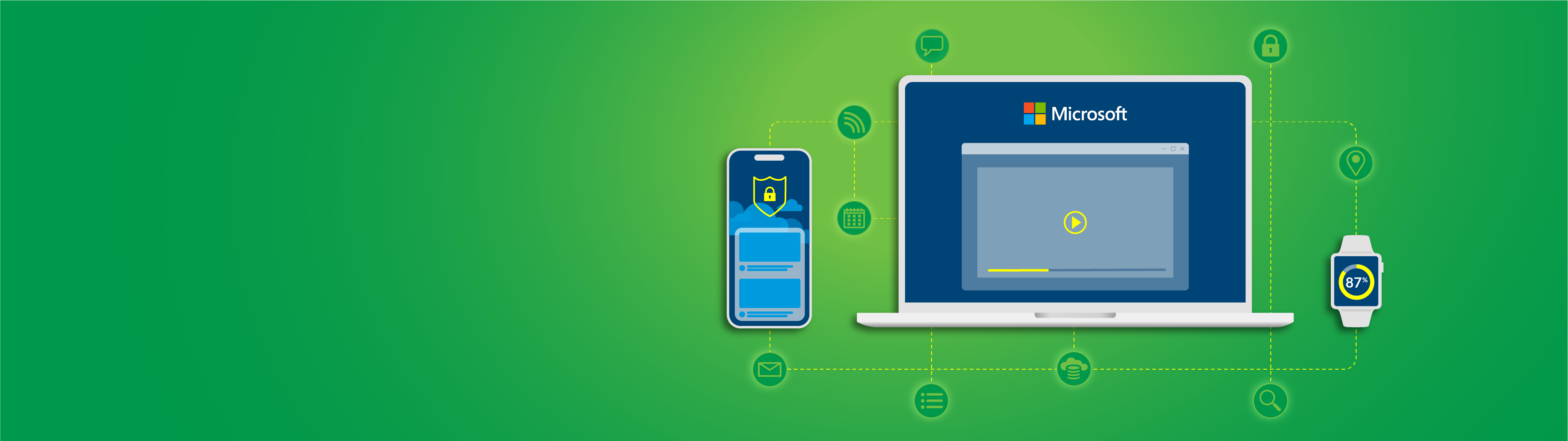 Graphical image of a laptop screen with the Microsoft icon on screen on a green background