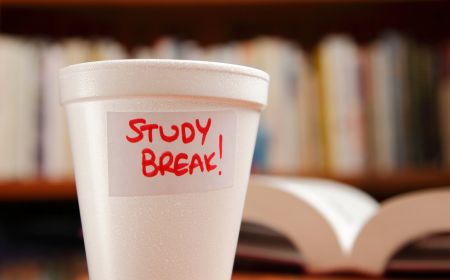 A cup with a note on it saying Study Break