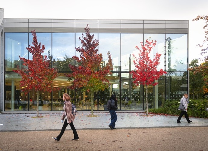 Students walking with Autumn colours in background