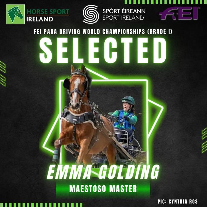 Emma Golding, dressed in teal equestrian gear, drives her horse Mossy in a para driving carriage. The dynamic image is overlaid with neon green accents and the word “SELECTED” in bold letters, announcing her selection for the FEI Para Driving World Championships (Grade I). Logos for Horse Sport Ireland, Sport Ireland, and FEI appear at the top. Photo credit: Cynthia Ros.
