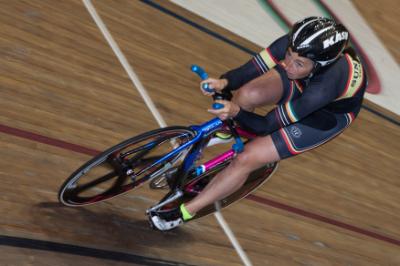 Susie Mitchell competing in track cycling