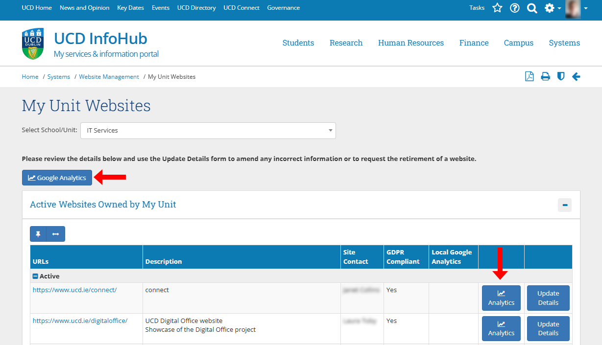 InfoHub screen for My Unit Websites with arrows pointing ro analytics buttons